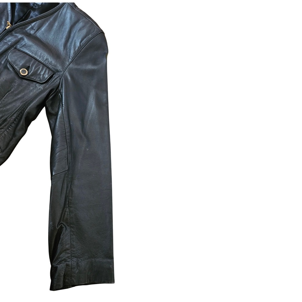 Lizwear Womens Black Leather Jacket Collarless Zip Front Gold Hardware Size M - Picture 11 of 11